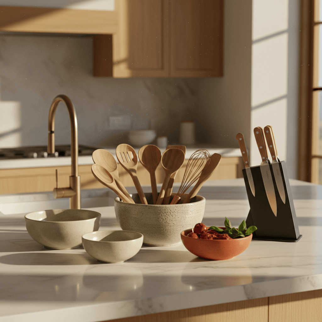 Encimera de cocina con bowls y utensilios