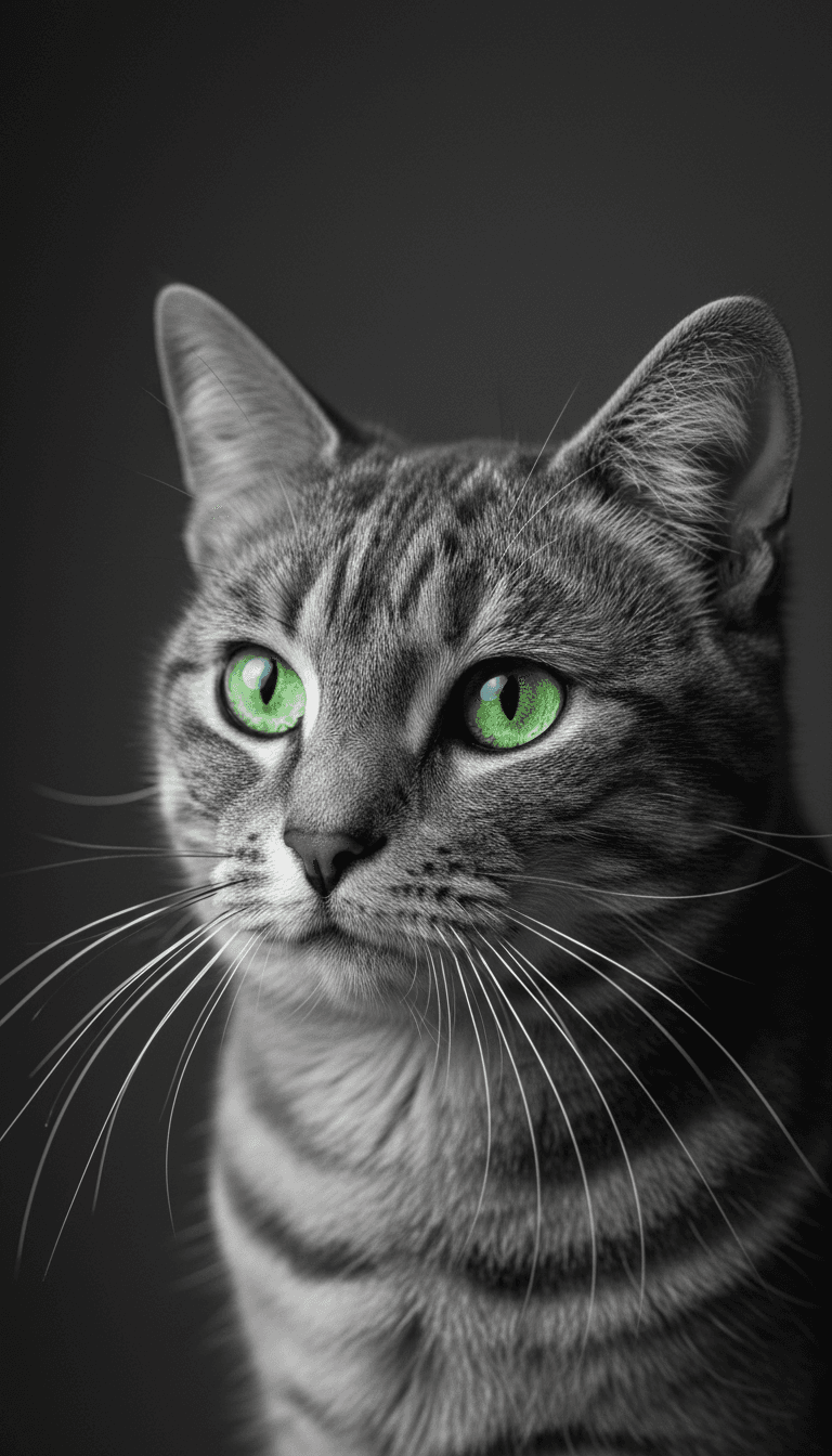 Retrato de gato gris atigrado con ojos verdes sobre fondo oscuro