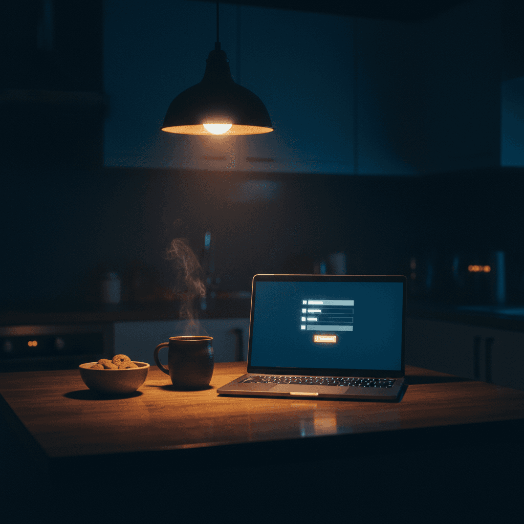 Compra nocturna en laptop con luz de cocina