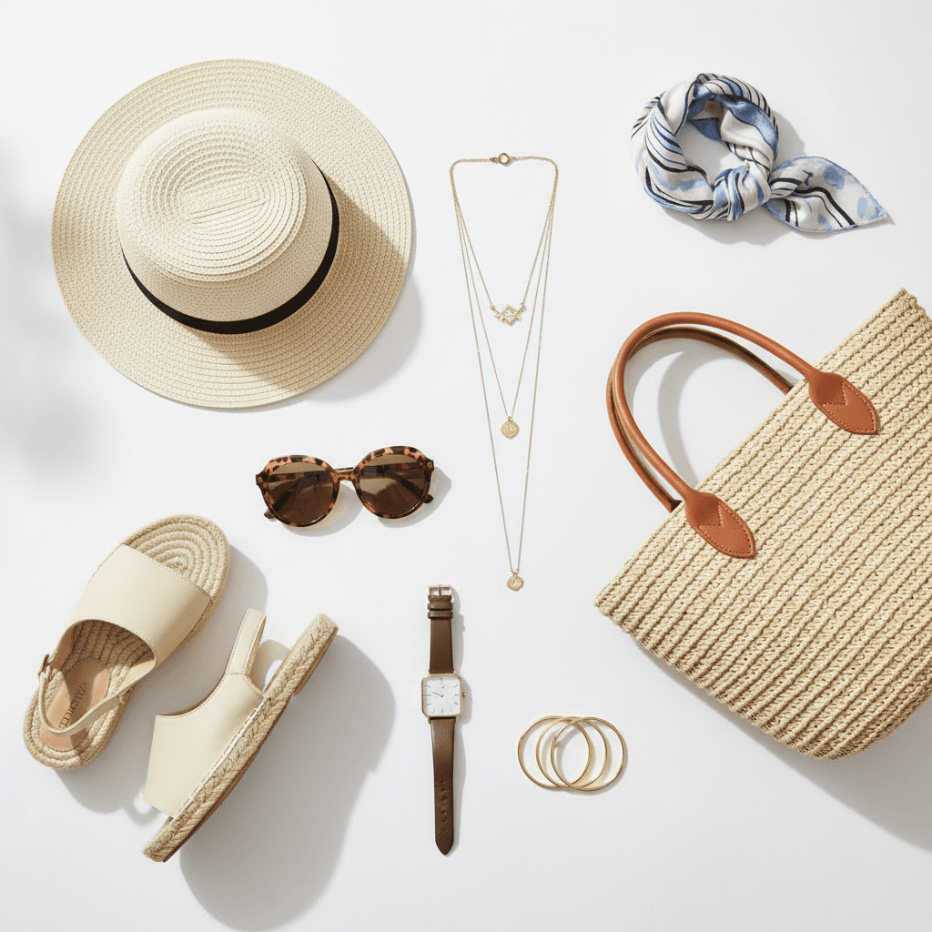 Accesorios variados sobre superficie blanca