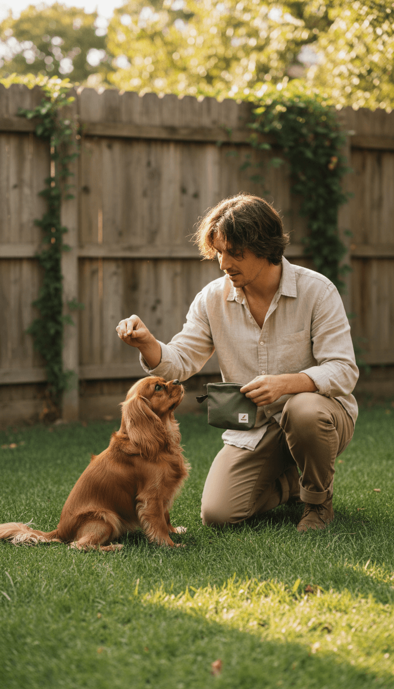 Persona entrenando a un perro pequeño en el jardín con un premio
