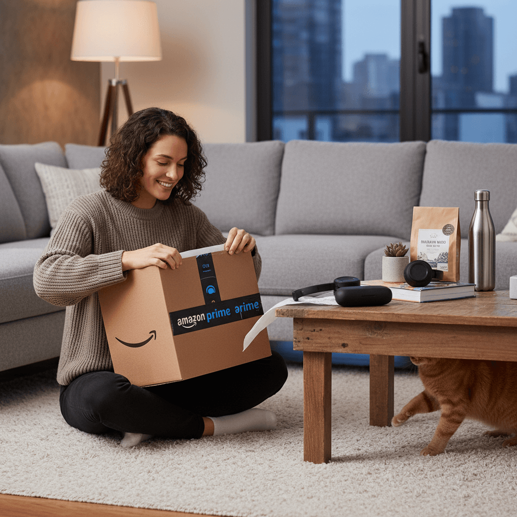 Persona abriendo un paquete de Amazon en casa