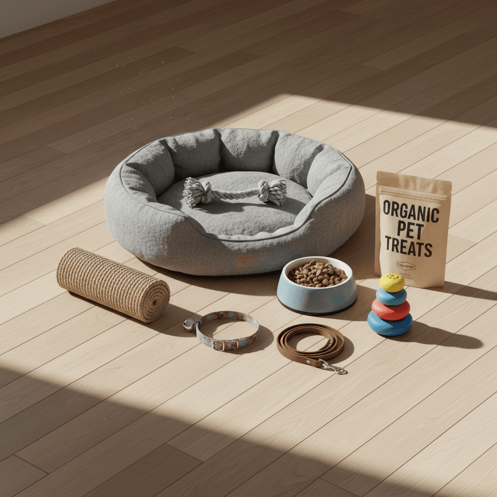 Suministros para mascotas surtidos sobre piso de madera