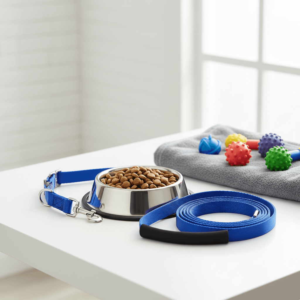 Suministros para mascotas ordenados en mesa blanca
