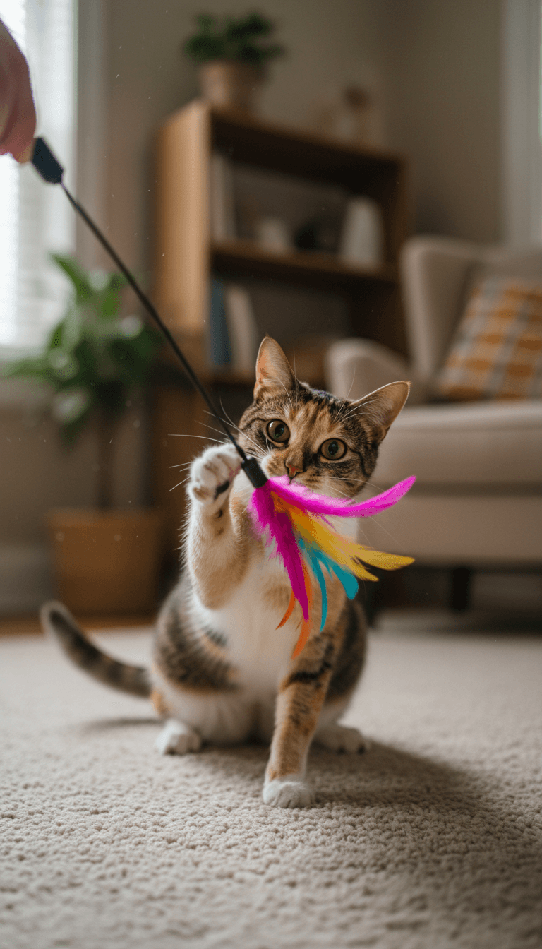 Gato atrapando un juguete interactivo de plumas en el piso, toma cercana