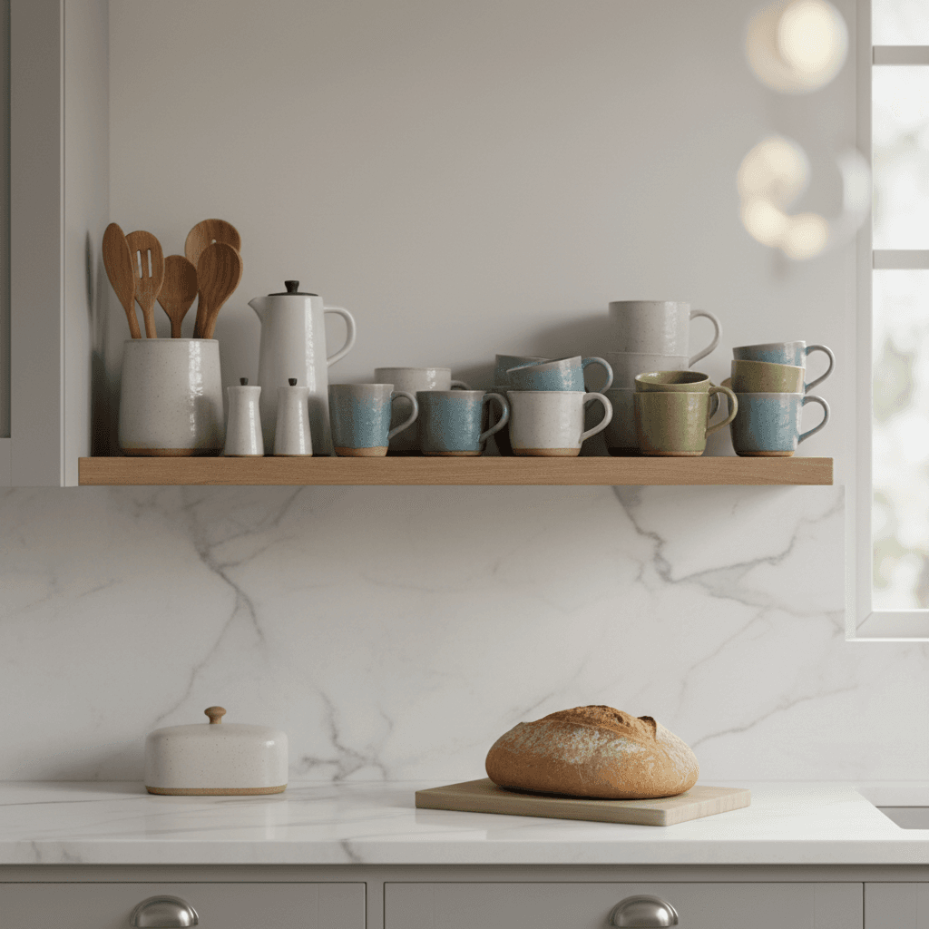 Tazas y accesorios de cocina en estante