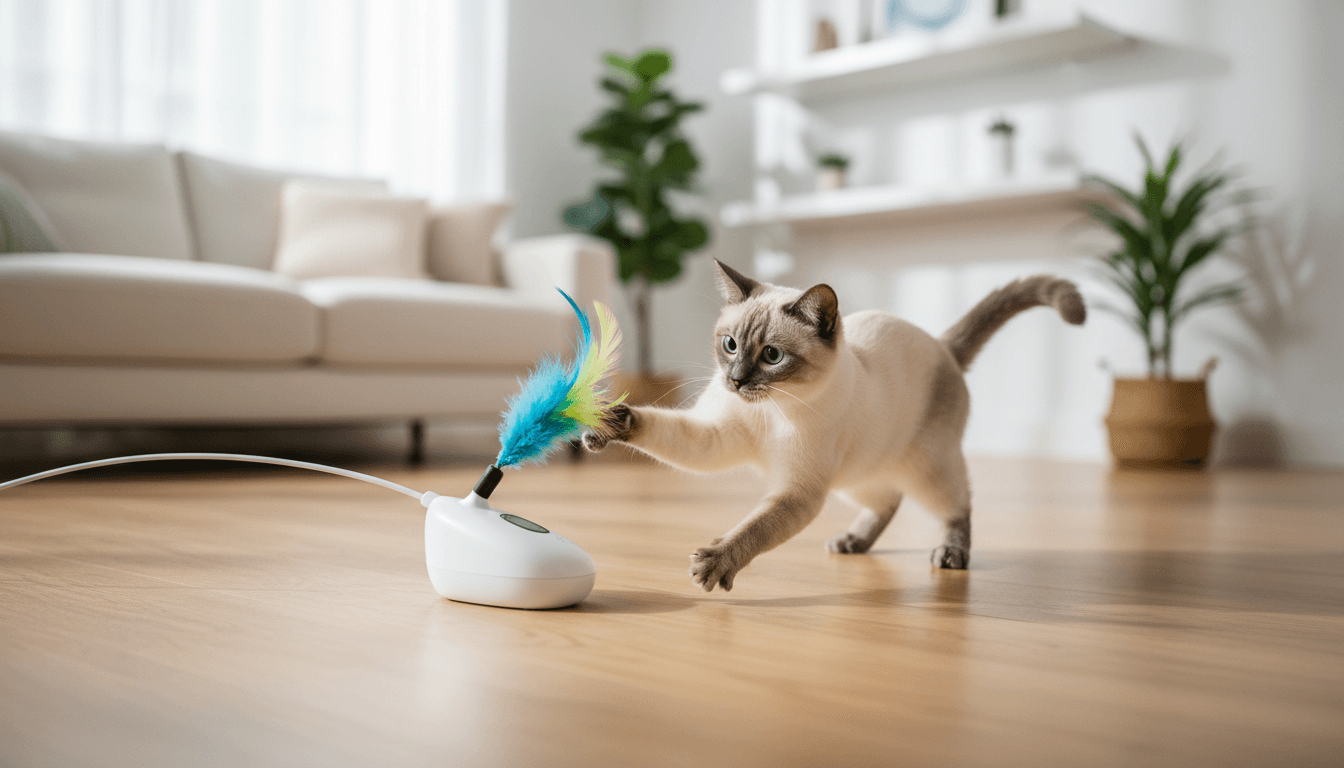 Cat playing with an interactive feather toy on a wooden floor, close-up shot