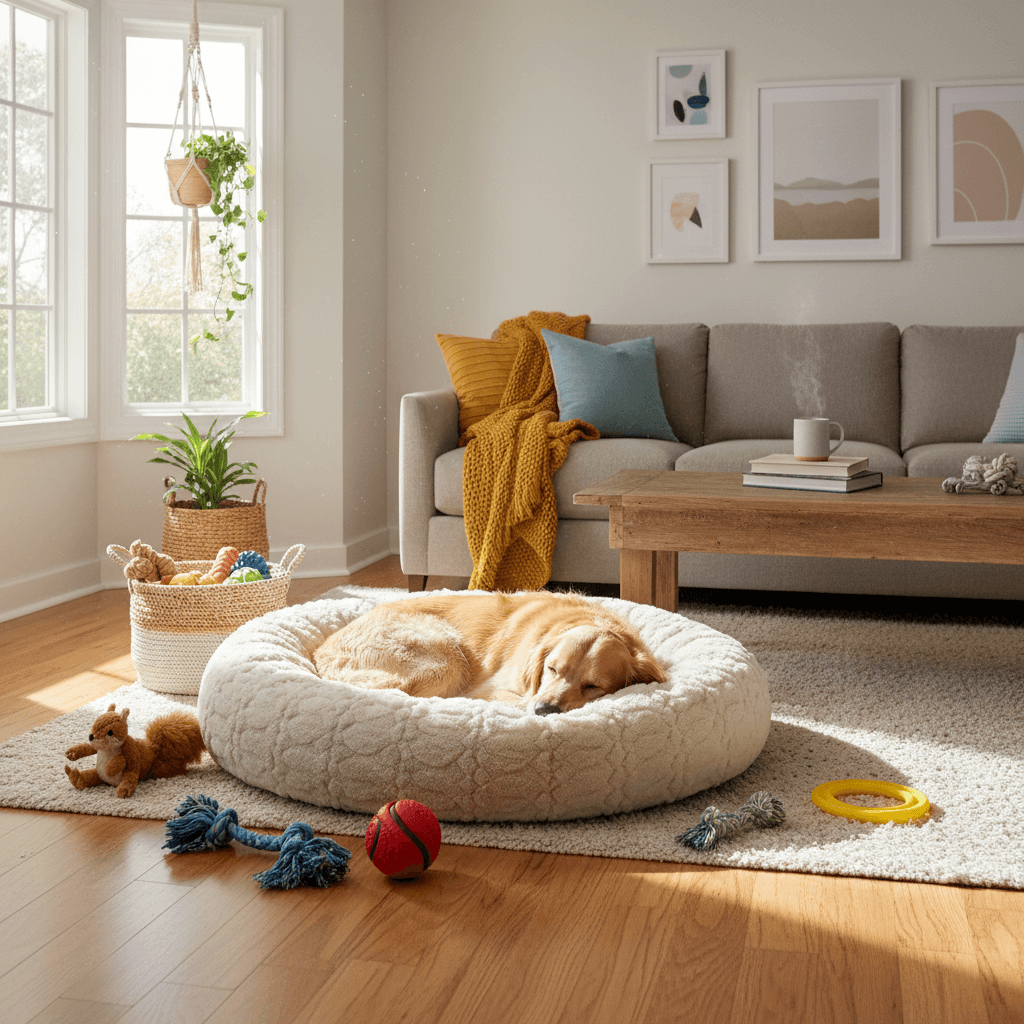 Juguetes y cama para perro en sala iluminada