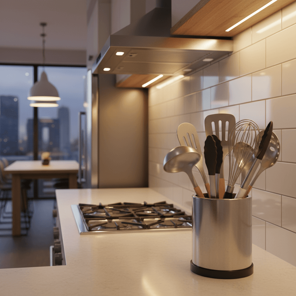 Juego de utensilios de cocina en cocina moderna
