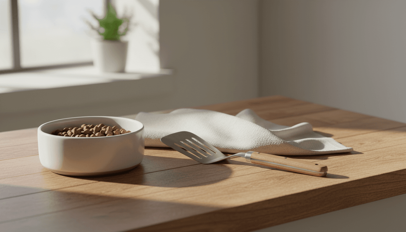 Utensilios de cocina y accesorios para mascotas sobre una mesa de madera con luz natural