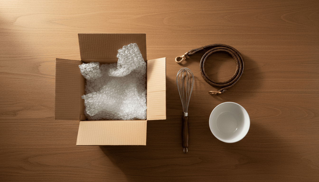 Caja de envío abierta con productos para mascotas, cocina y hogar sobre una mesa de madera