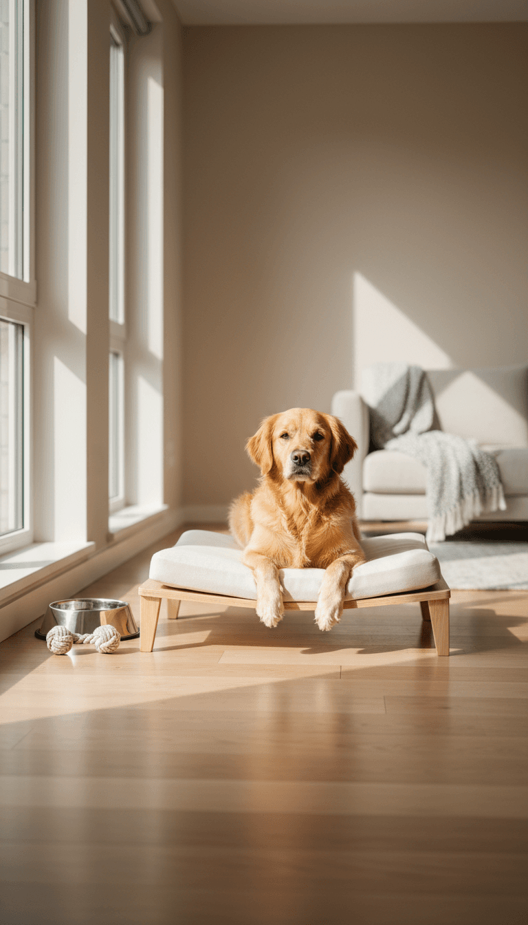 Perro dorado recostado en una cama elevada, sala iluminada por luz natural