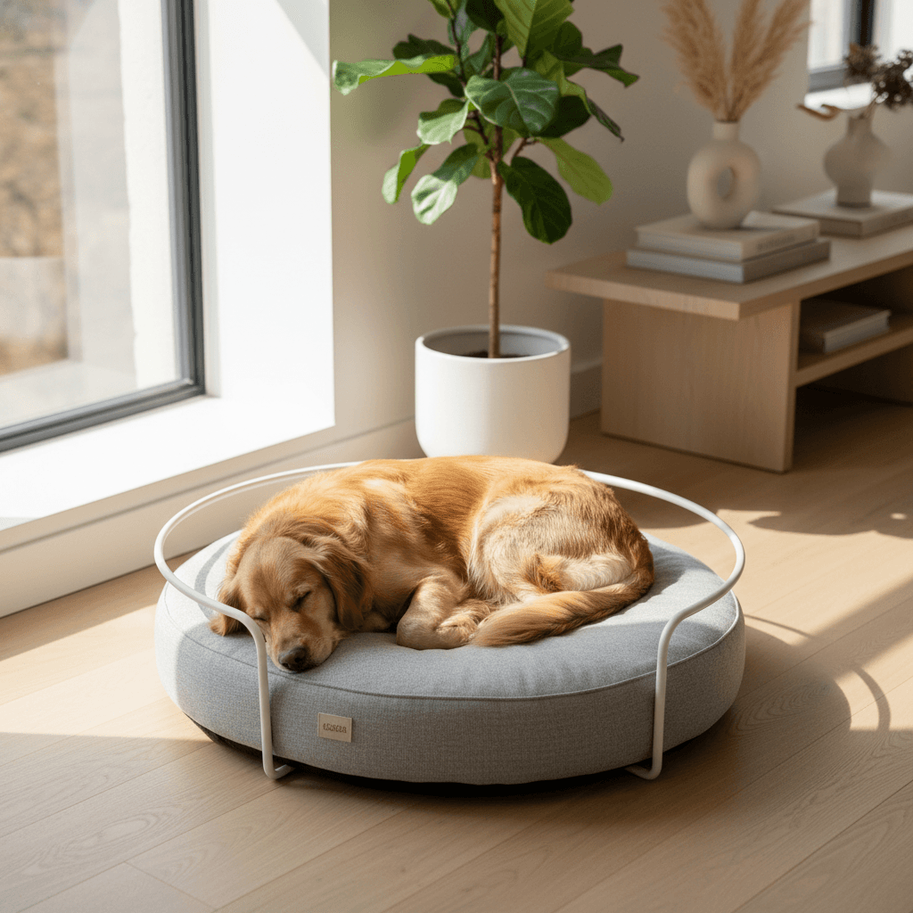 Sleeping dog on modern pet bed in bright Scandinavian living room with natural morning light